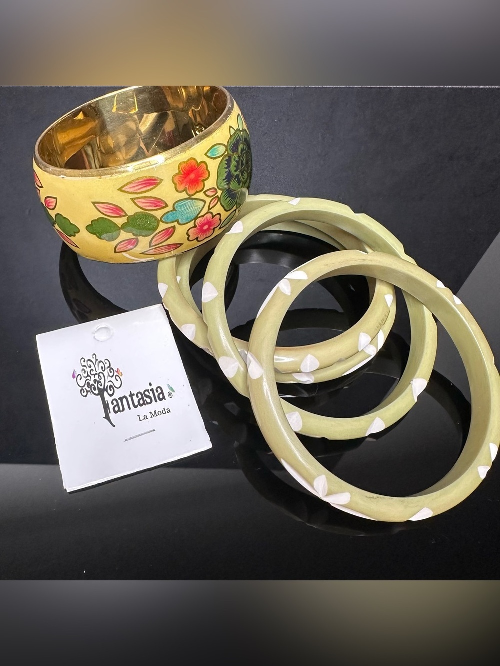 Fantasia La Moda Boho Bangle Bracelet Set Green Floral Gold Tone NWT